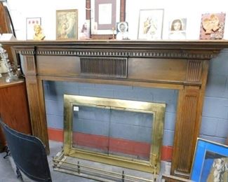 Vintage MCM Solid wood fireplace mantle with glass screen 