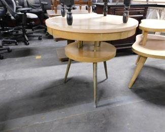 MCM blonde formica top round 2 tiered table 28" diameter x 26.5"H