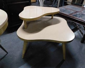 MCM blonde formica top round 2 tiered table 35.5" x 35.5" x 23.5"H