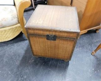 (2) Restaurant Seating Wicker with leather storage trunk style end tables  20.5 x 20.5 x 22.25"H