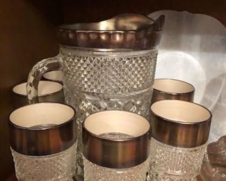 Vintage Diamond Cut Pitcher and Tumblers with Silver Band 