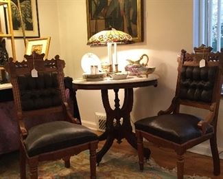 EASTLAKE PARLOR CHAIRS AND MARBLE TOP TABLE