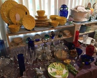 LOTS OF COLORFUL CHINA AND GLASS