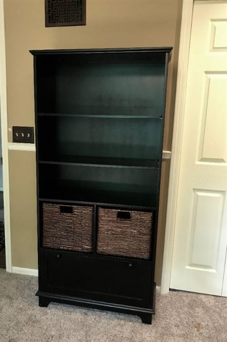 Pier 1, Black Bookcase with baskets and bottom drawer