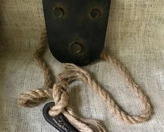 Rustic pulley with rope and cast iron hook