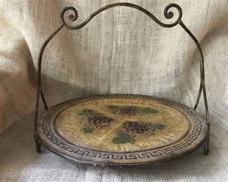 Metal plate stand/serving tray embossed with grapes