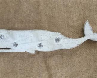 27" rustic wood whale wall hanger with knobs