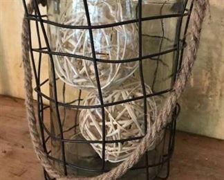 Metal hanging basket with glass and decorative balls