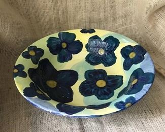 Hand painted blue and yellow floral bowl