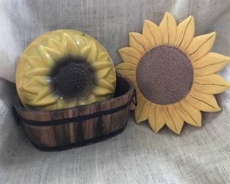 Wood bucket and Sunflowers (Sunflower wall tin and Sunflower Lazy Susan)