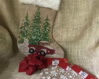 Burlap Stocking with Red Truck (also burlap bow and small bags)