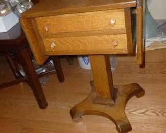 Unique antique oak drop-side table w/drawers