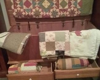 Wooden Chest and Collection of Hand Made Quilts