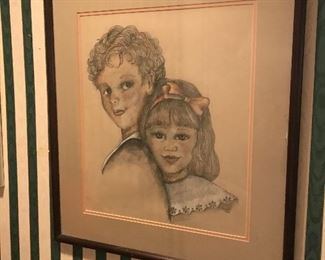 Framed mixed media charcoal and watercolor boy and girl signed by Kay Darnell Drew