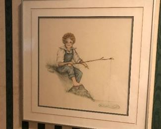 Framed mixed media charcoal and watercolor boy fishing  signed by Kay Darnell Drew 