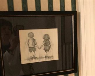Framed graphite of boy and girl- signed by Kay Drew