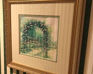 'Mother's Roses Father's Fence' original watercolor, gold leaf frame, triple mat- signed by Kay Darnell Drew  