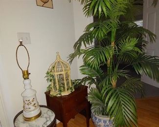 Silk Tree, Marble Top Accent Table (2 Available) Sewing Cabinet with Flip Top, Vintage Gold & White Lamp