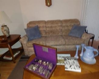 Sleeper Sofa, Beautiful Wood Coffee Table & End Table that match.  Pottery, Community Flatware