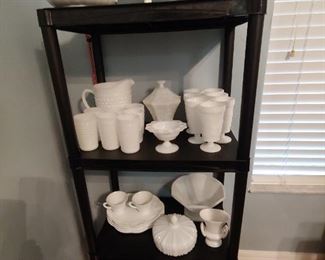 Milk Glass. Hobnail Pitcher & Glasses, Candy Dishes, Pedestal Cake Plate, Vases