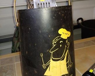 Vintage Charcoal Bucket & Nice BBQ Tools