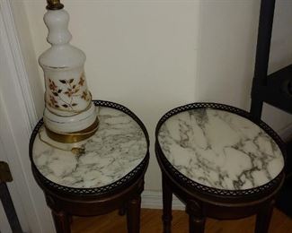 Marble & Metal Top Accent Tables + Vintage lamp, white & gold