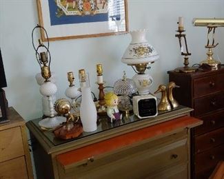 Nice Chest with Pull Out Shelf & Milk Glass Lamps + Hurricane Lamp.  Brass Duck Head Bookends or Door Stops