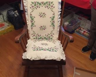 #22 Wood Spindle Back Rocking Chair w/cross Stitch Cushions  $ 75.00