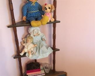 #19 Wood Corner 5 shelf  wood Bookcase 62Hx22Wx12D  $ 75.00
#56 misc Vintage Mrs. Beasley Doll  $ 50.00