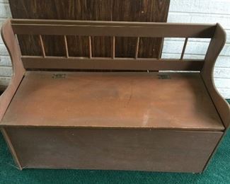 #31 brown wooden trunk bench 43" x 16.5" x 16"  $ 75.00