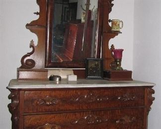 Stunning antique English walnut gentleman's dresser with marble top 