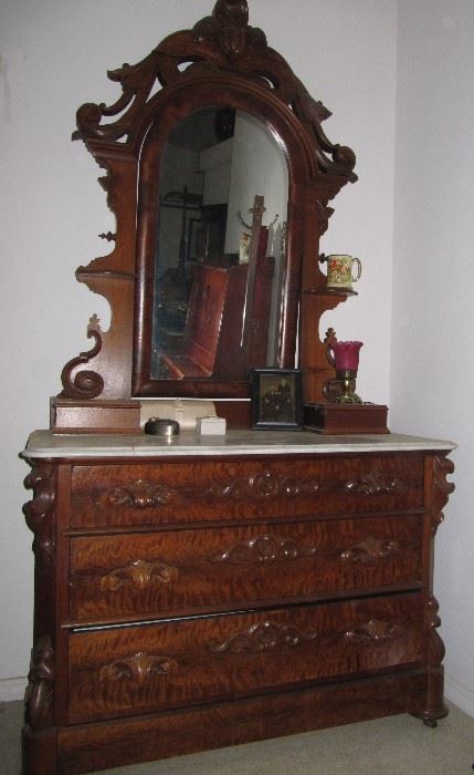 Stunning antique English walnut gentleman's dresser with marble top 