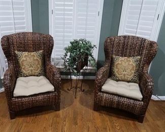 Pottery Barn wicker wing-back chairs 