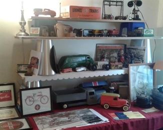 Trains, pressed metal trucks, Lionel, Marx wind up train, Lionel accessories