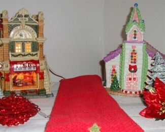 LIGHTED LEMAX VICTORS PIANO STORE and CHURCH