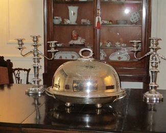 Large Silver Plate Meat Dome & Platter with hot water reserve, Elkington Pr. Silver Plate Candleabra