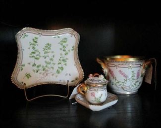 3 of a group of a Dozen pieces of "Flora Danica" Royal Copenhagen, Sq. Tray, Covered Custard Cup & Cache Pot