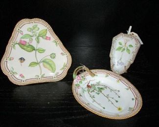 3 more pieces of "Flora Danica", Triangular Tea Cake Stand, Oval Serving Dish, Relish Dish