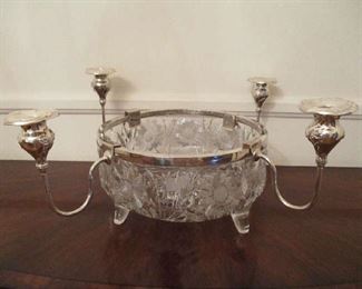 Cut Glass Center Bowl with 4 silver plate Candle Arms