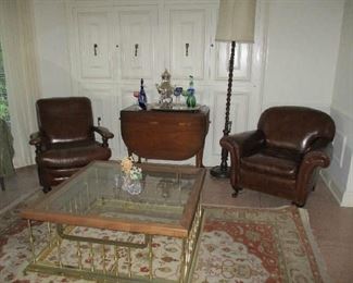 2 Vintage Leather Club Chairs, Brass & Glass Hearth style Coffee Table, Drop Leaf Table, Tall Oak Floor Lamp