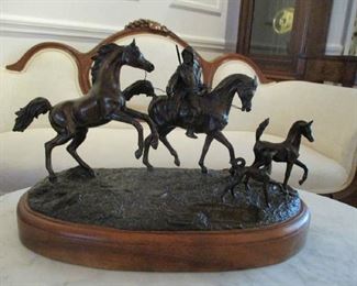 Bronze Figural Group, 3 Arabian Horse, Arab Rider & Hound
