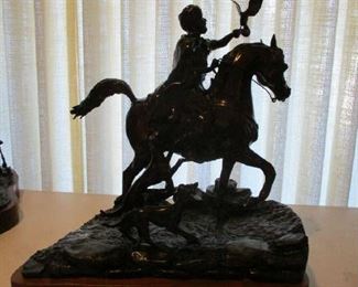 Bronze Group, Arabian Hunter on Horse with Falcon & 2 Dogs, Robert Larum