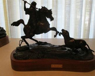 Bronze Group, Arabian Hunter with Spear, astride a rearing Arabian Horse, with Lion, Robert Larum