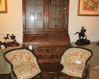 Eastlake Secretary with cylinder roll-top, pr Louis XV style Side Chairs