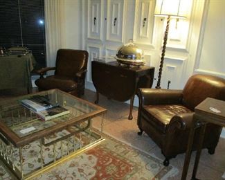 2 Vintage Club Chairs, Hearth style Coffee Table, Drop Leaf Table, tall Oak Floor Lamp