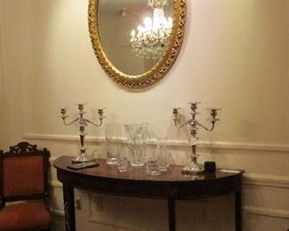 English style Inlay Console Table, Oval Miror, Silver Plate Candelabra, Baccarat Vases