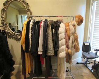 Long white fox, 3 short Fox jackets, faux furs, leather jackets, fur trimmed leather coat, much more