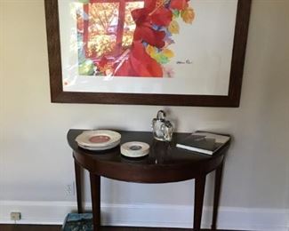 Large watercolor of hibiscus; table; Orrefors bird