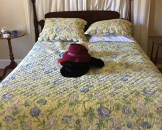 19th century bed, hats, table