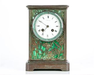 Rare And Fine Tiffany Bronze & Glass Grapevine Mantle Clock